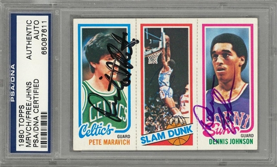 1980/81 Topps Pete Maravich/Lloyd Free/Dennis Johnson Signed Card – Signed by All Three Players! – PSA/DNA Authentic